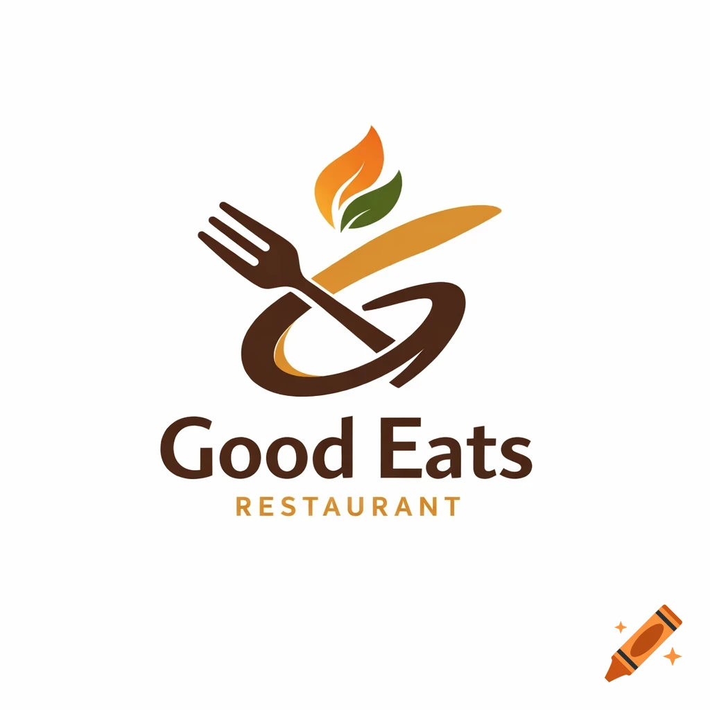 A logo for 'Good Eats Restaurant' featuring a fork, a knife, and leaves forming a stylized 'G' shape with the text 'Good Eats RESTAURANT'.