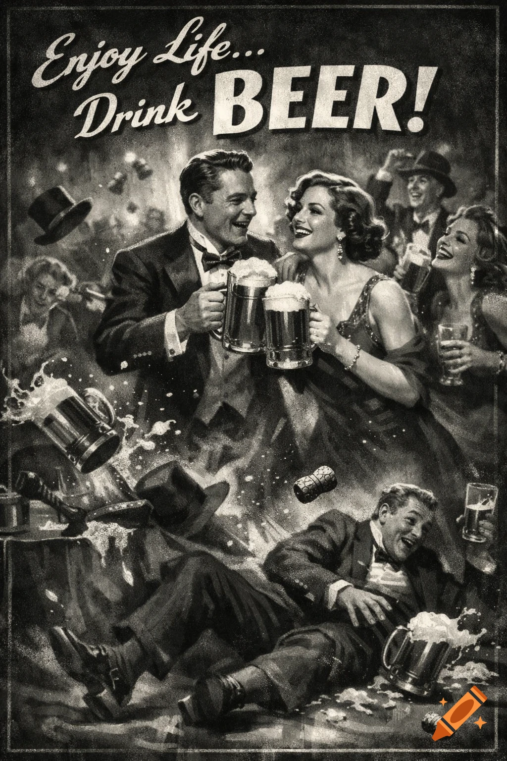 Vintage black and white illustration of people merrily drinking beer at a lively party, some falling, with the text 'Enjoy Life... Drink BEER!'.