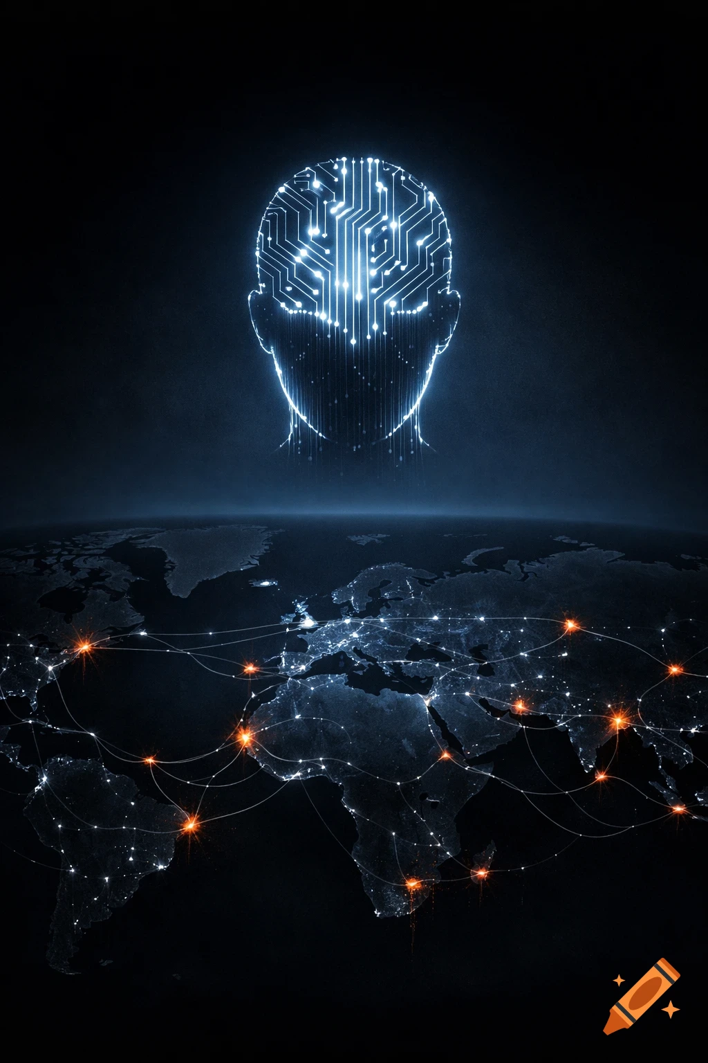 A glowing circuit board brain hovers above a dark world map with illuminated global network lines and orange connection points.