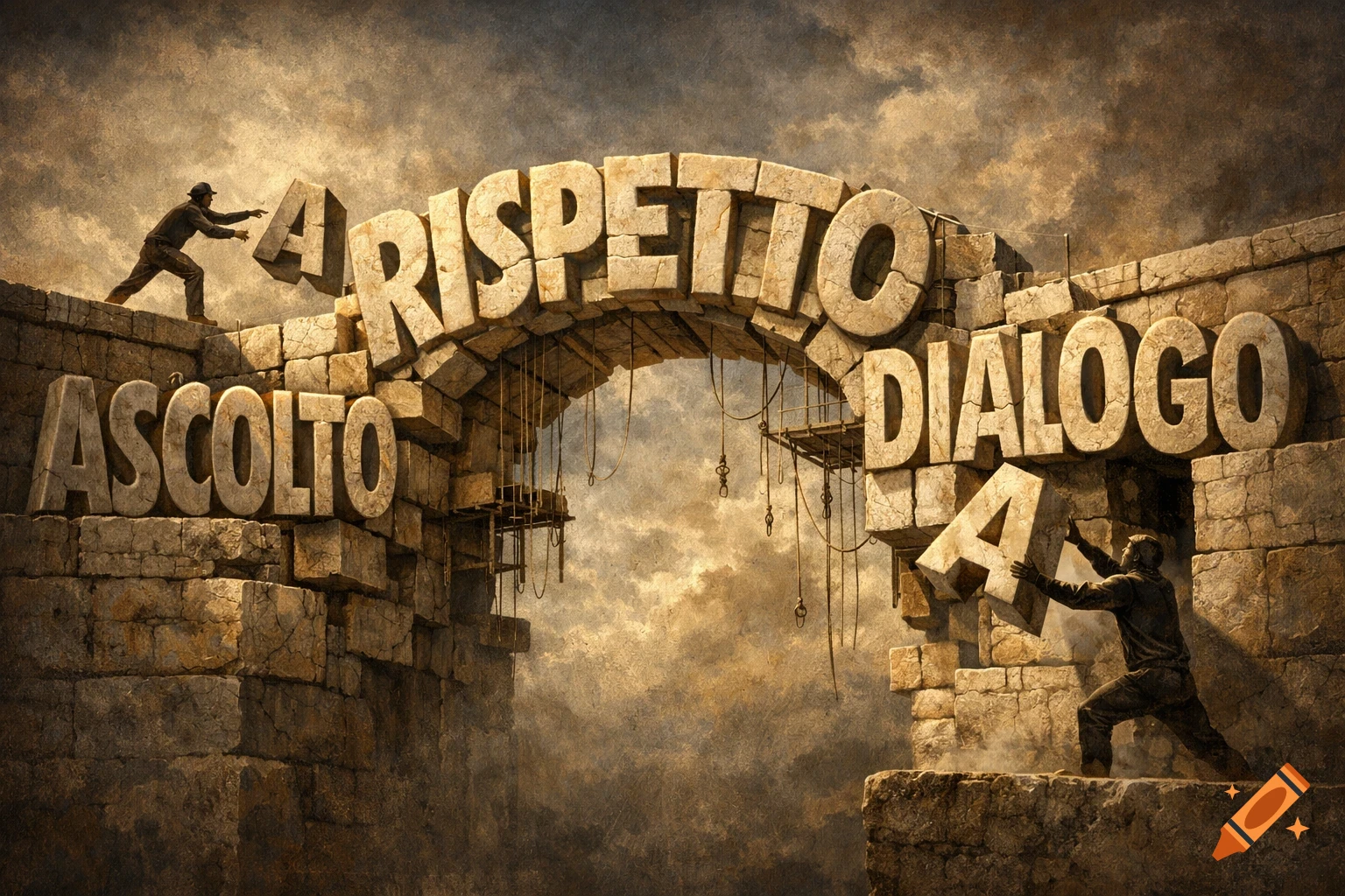 Men construct a stone arch from large 3D letters 'RISPETTO', 'ASCOLTO', 'DIALOGO' under a dramatic sky, in a painterly style.