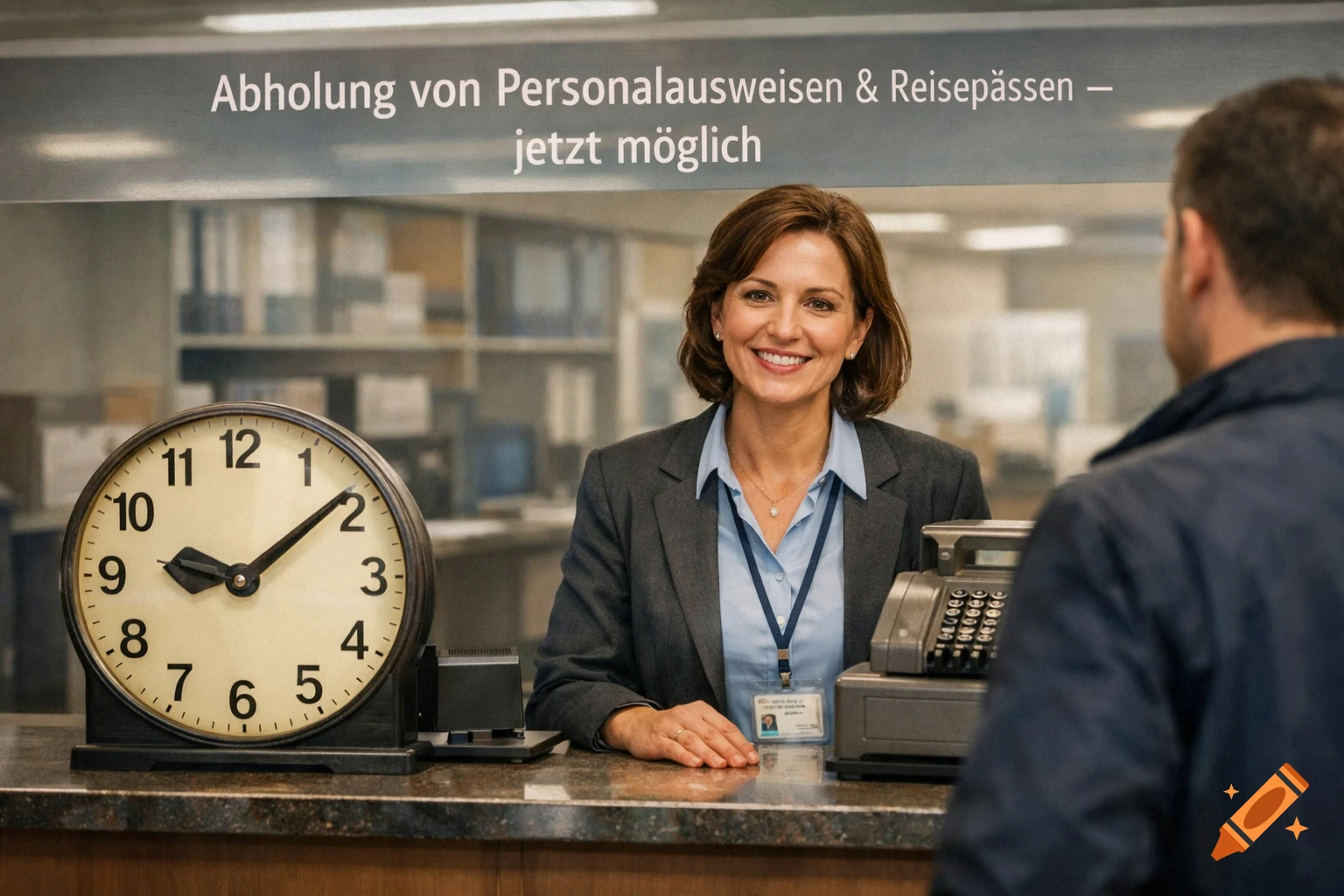 A smiling woman in business attire behind a service counter with a clock and cash register, looking at a customer. Text reads 'Abholung von Personalausweisen & Reisepässen – jetzt möglich'.