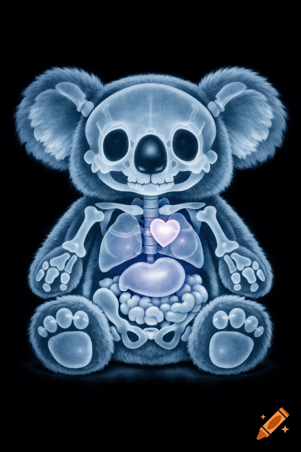 X-ray of a plush koala with visible skeleton and stylized internal organs, including a glowing pink heart.
