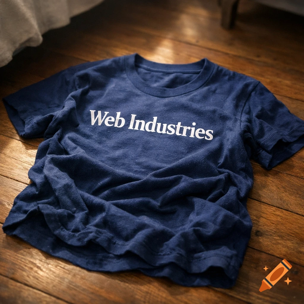 A navy blue t-shirt with "Web Industries" printed in white text lies wrinkled on a wooden floor, partially in shadow.