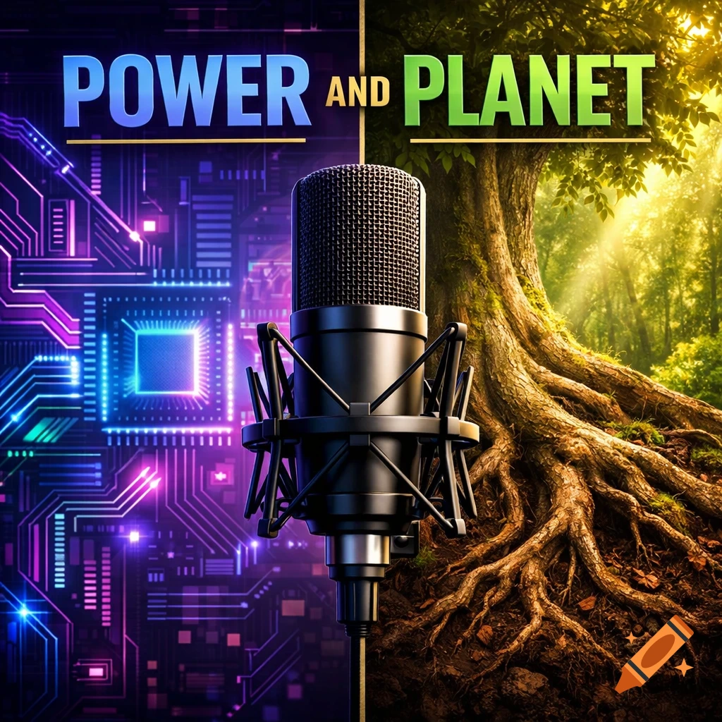 Podcast cover with 'POWER AND PLANET' text, featuring a split screen of glowing circuit boards and a lush forest, with a microphone in the center.