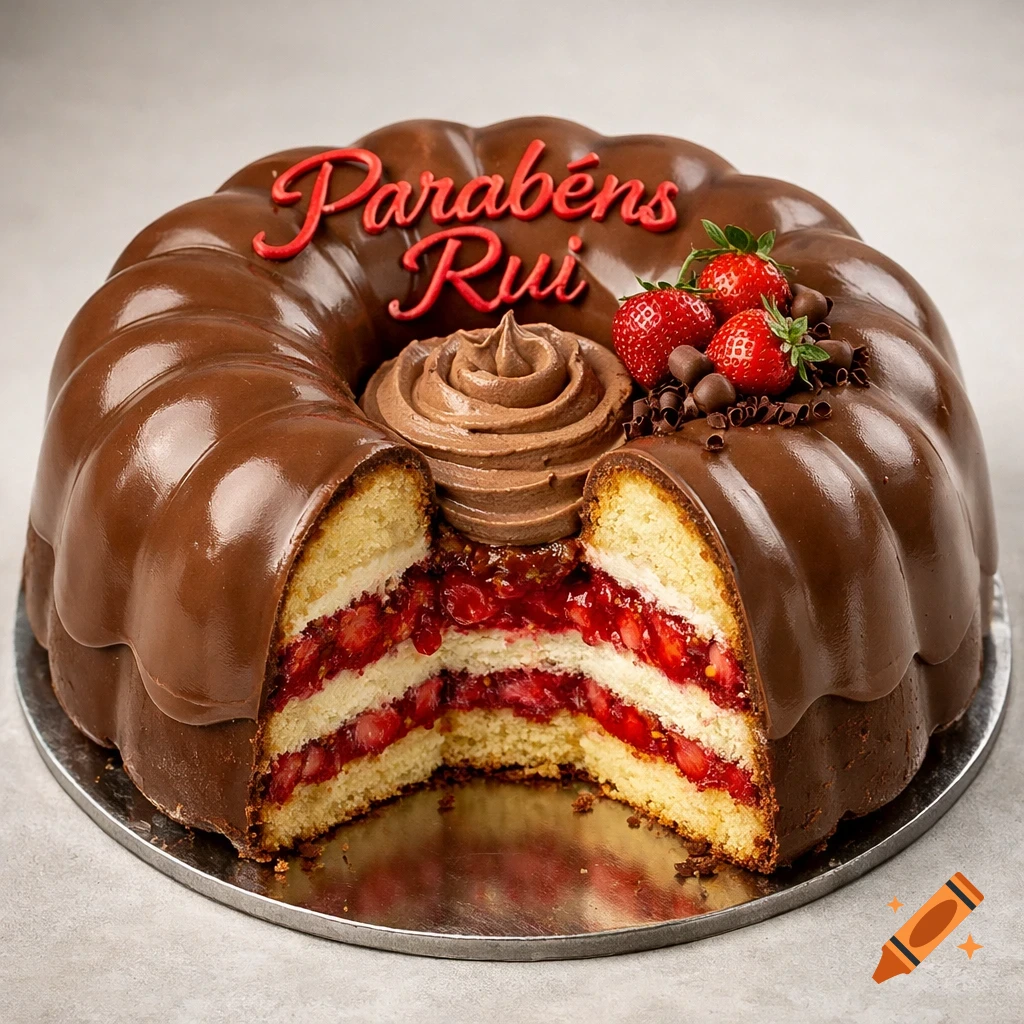 Chocolate-covered bundt cake with strawberry filling, chocolate mousse, and 'Parabéns Rui' in red script, garnished with strawberries.