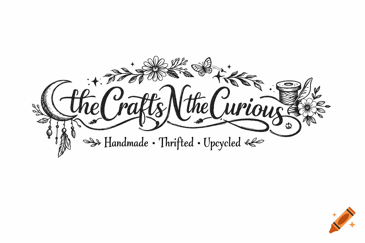 Black and white hand-drawn boho-style logo for 'the Crafts N the Curious' with a moon, feathers, flowers, butterfly, and thread spool. It reads 'Handmade Thrifted Upcycled'.