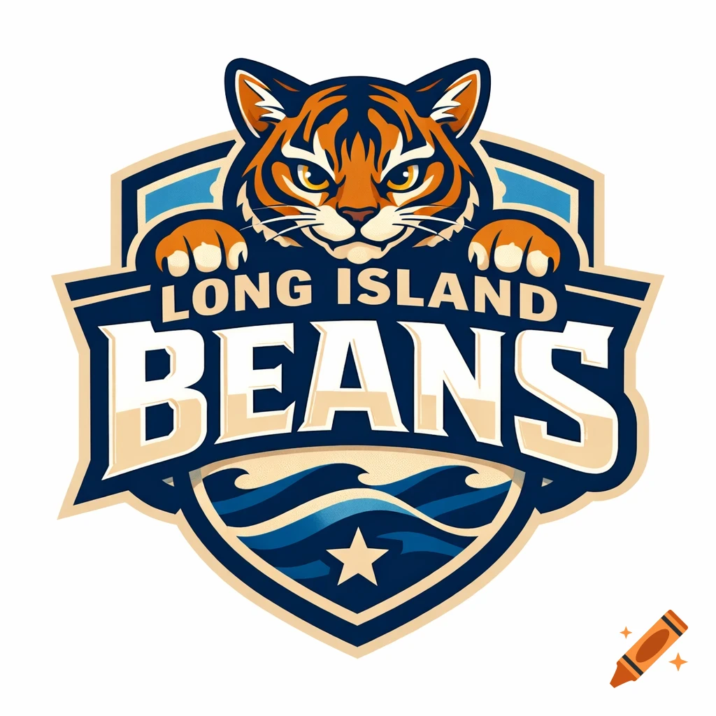A university logo with a fierce orange and black striped Toyger cat mascot peering over the words 'LONG ISLAND BEANS' on a shield with waves and a star.