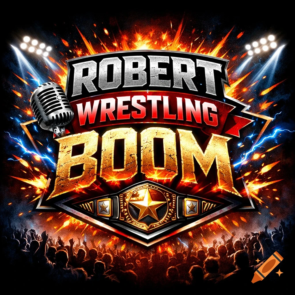 A dynamic wrestling promotion logo with "ROBERT WRESTLING BOOM" text, featuring a championship belt, microphone, spotlights, crowd, and fiery explosions.