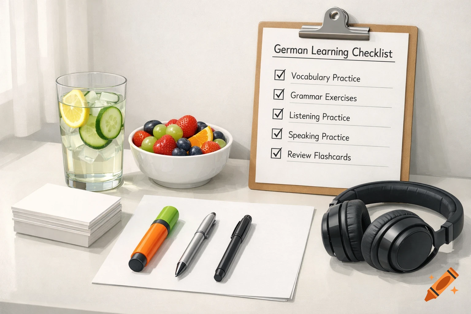 A tidy desk with a German learning checklist on a clipboard, a glass of lemon-cucumber water, a bowl of fruit, notecards, a highlighter, two pens, and headphones.