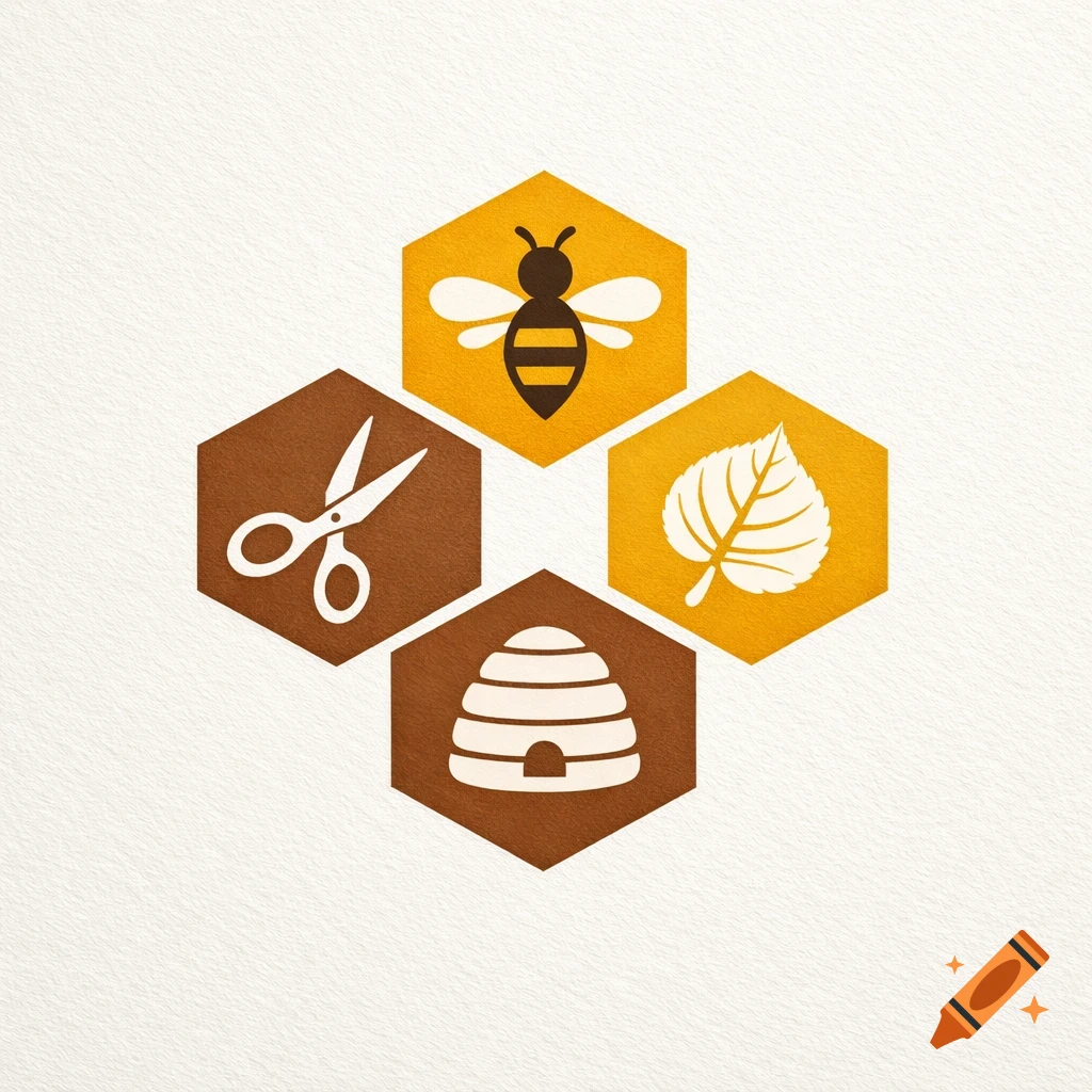 A logo featuring four hexagonal honeycomb shapes in a diamond pattern, each containing a white icon: a bee, scissors, a leaf, and a beehive.