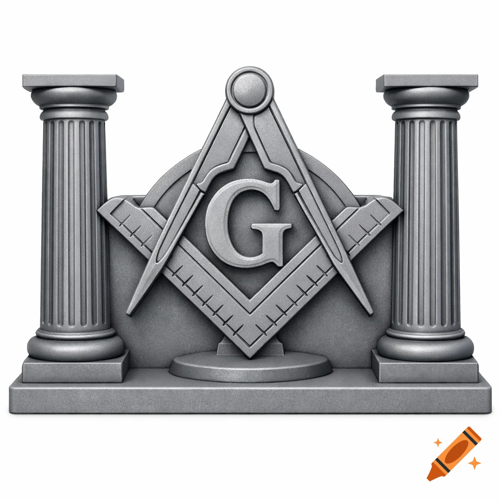 3D model of the grey Masonic Square and Compass symbol with a central 'G', flanked by two Doric pillars.