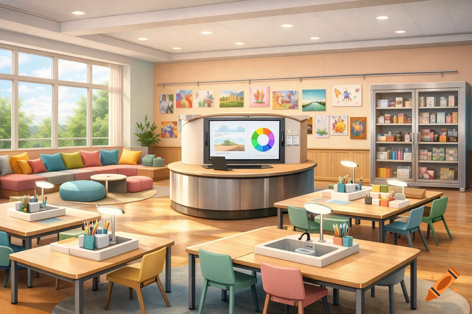A vibrant and modern art classroom with colorful seating, large windows, individual student tables with sinks, a central digital display, and a storage cabinet.