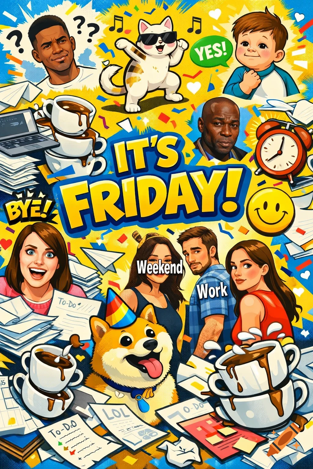 A vibrant, humorous illustration celebrating Friday, with diverse people, animals, coffee, office items, and text 'IT'S FRIDAY!'.