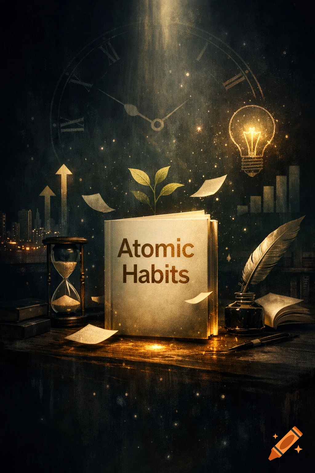 A glowing 'Atomic Habits' book on a dark wooden surface with an hourglass, quill, lightbulb, and plant, against a clock background.