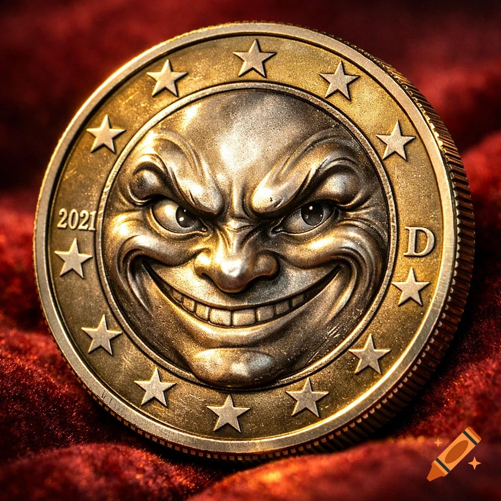 Close-up of a golden coin featuring a grinning, somewhat sinister moon-like face, surrounded by stars, against a rich red velvet background.
