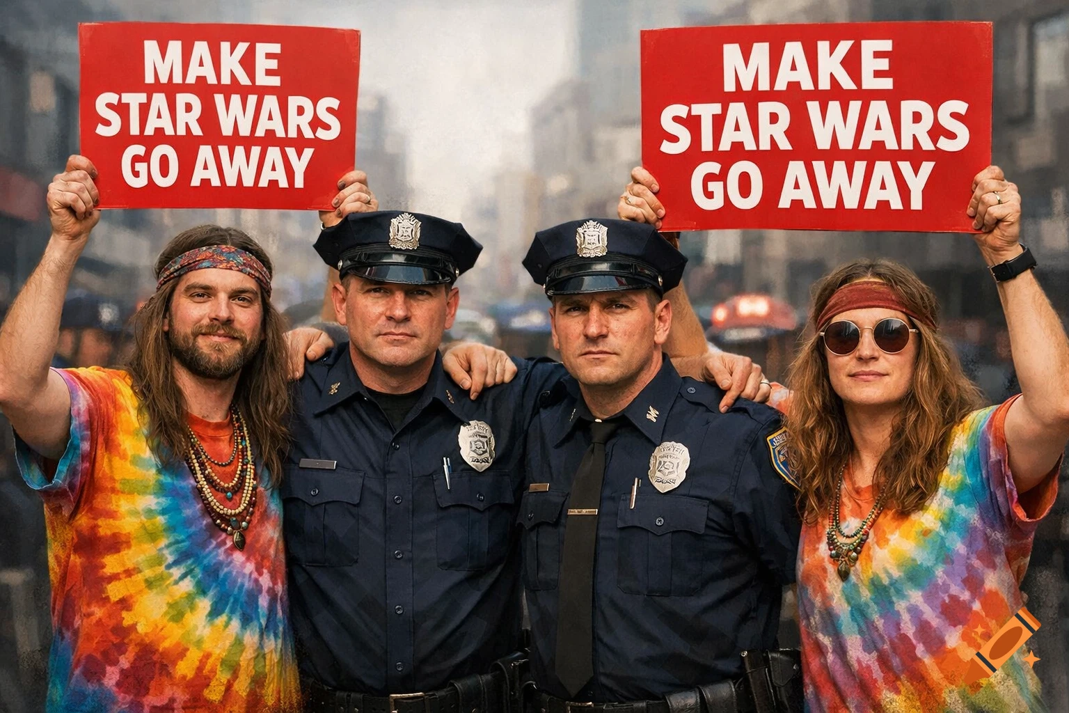 Two hippies and two policemen pose with 'MAKE STAR WARS GO AWAY' signs in a photorealistic street scene.