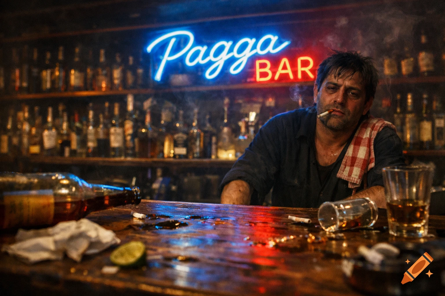 A tired man with a cigarette at a messy, dimly lit bar with a glowing 'Pagga BAR' neon sign.