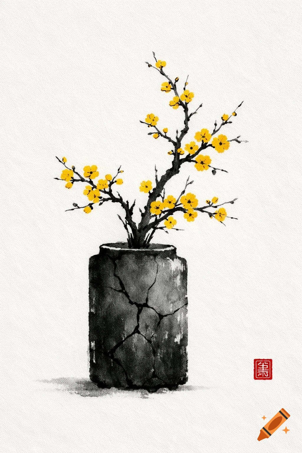 Ink wash painting of yellow blossoming flowers in a cracked black vase, with a red seal in the bottom right corner, on a white background.