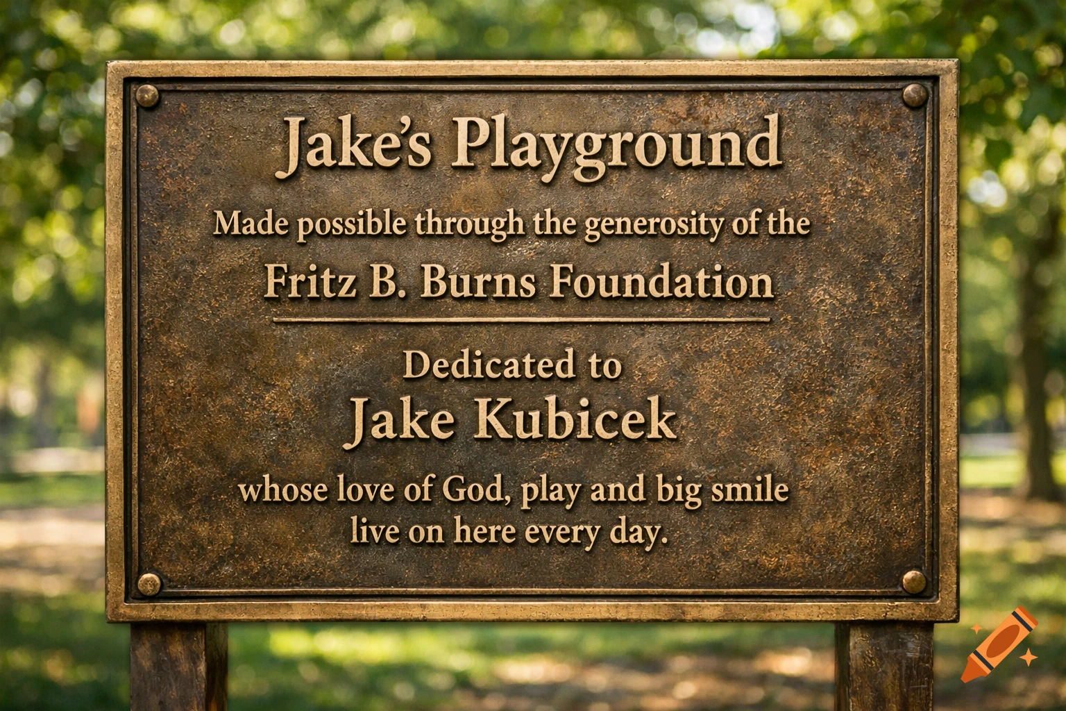 A bronze plaque, dedicated to Jake Kubicek, reads 'Jake's Playground' with donor and memorial text, set outdoors.