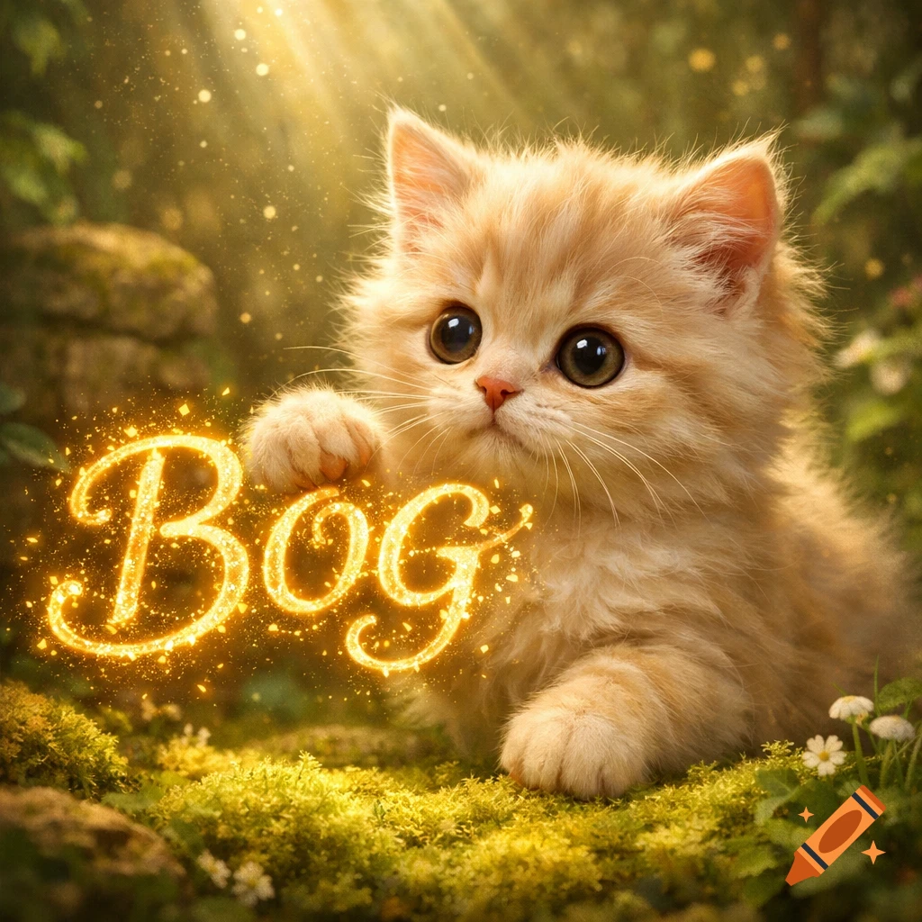 A fluffy orange kitten with big eyes sits in a mossy forest, its paw near glowing golden text spelling 'BOG' with magical light rays.