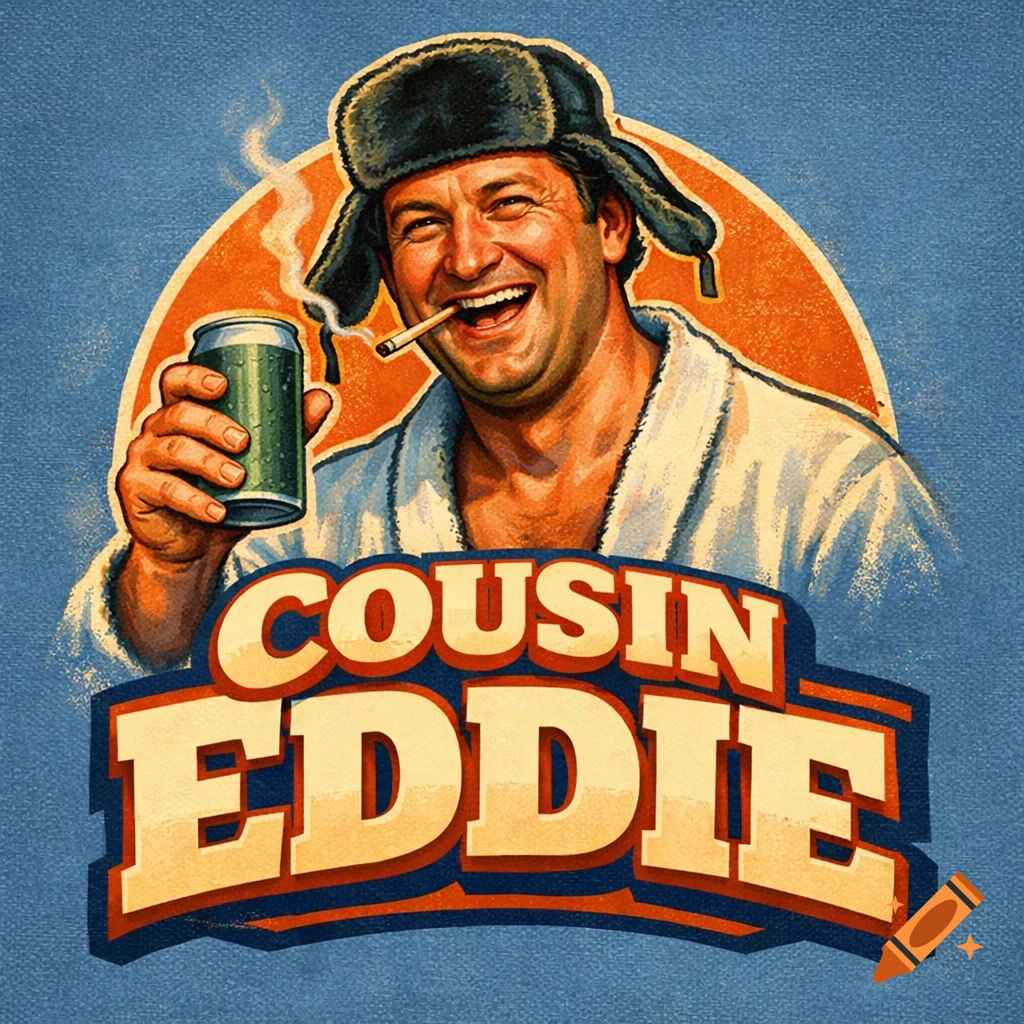 A man in a fur hat and bathrobe, laughing, holds a beer and cigarette, with "COUSIN EDDIE" text in a vintage illustration.