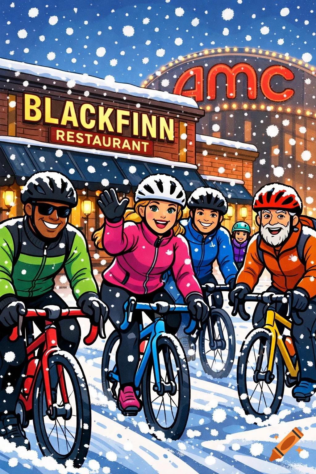A cartoon illustration of diverse people cycling on road bikes through snow, in front of Blackfinn Restaurant and an AMC theater.