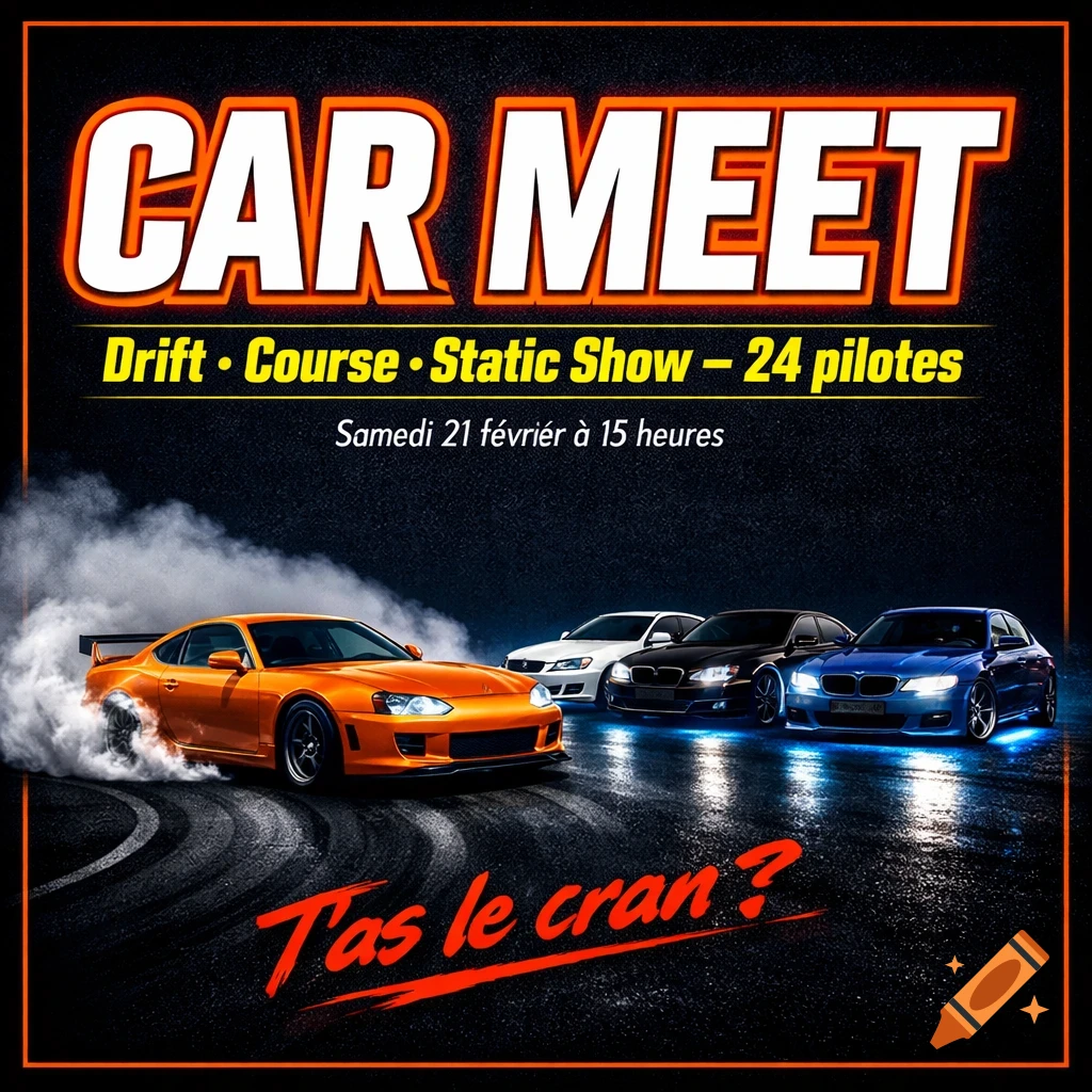 A dynamic poster for a car meet, featuring an orange sports car drifting with smoke on wet asphalt and three other cars under blue neon lights.