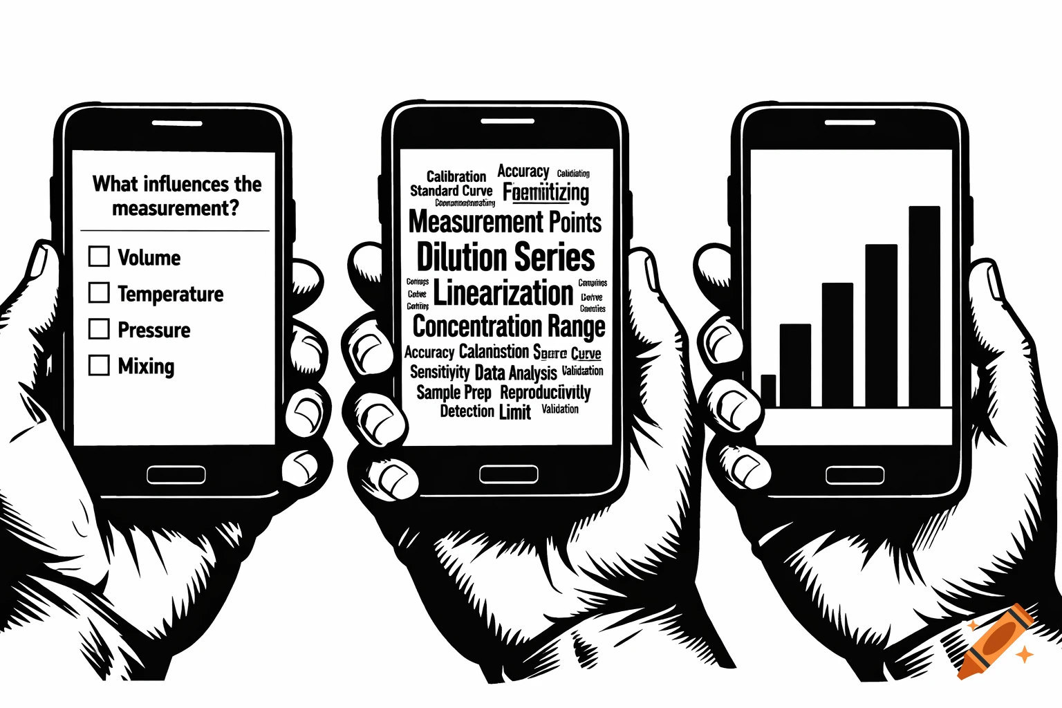 Three hands hold smartphones in a black and white illustration. The first displays a questionnaire, the second a word cloud with terms like "Dilution Series," and the third a bar chart.