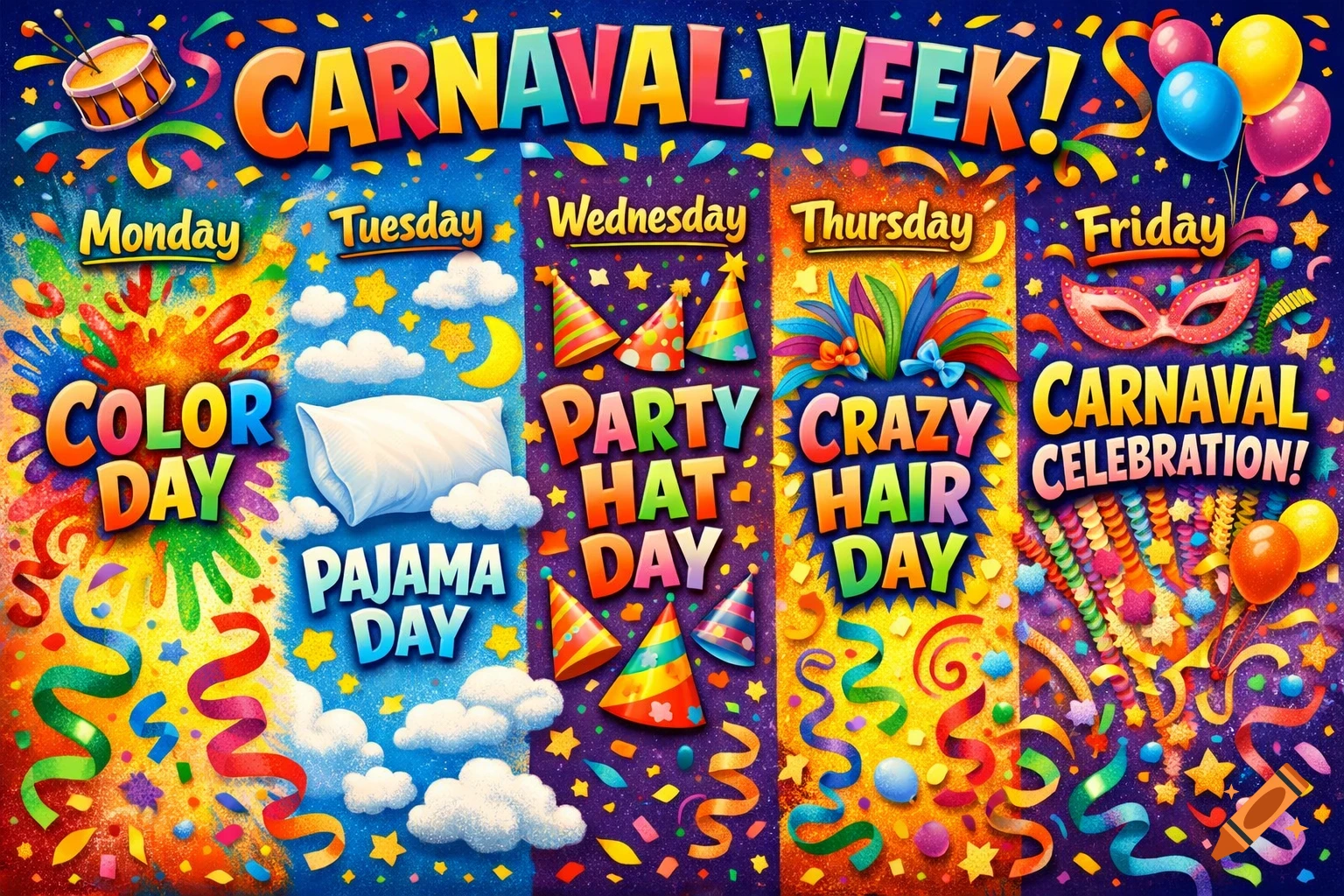 Vibrant digital poster for Carnaval Week, showing daily themes: Color Day, Pajama Day, Party Hat Day, Crazy Hair Day, and Carnaval Celebration, with confetti and balloons.