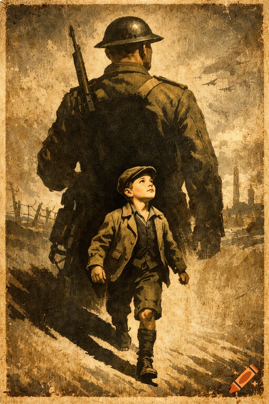 Sepia-toned illustration in the style of a WW1 propaganda poster, showing a young boy looking up at the silhouette of a soldier.