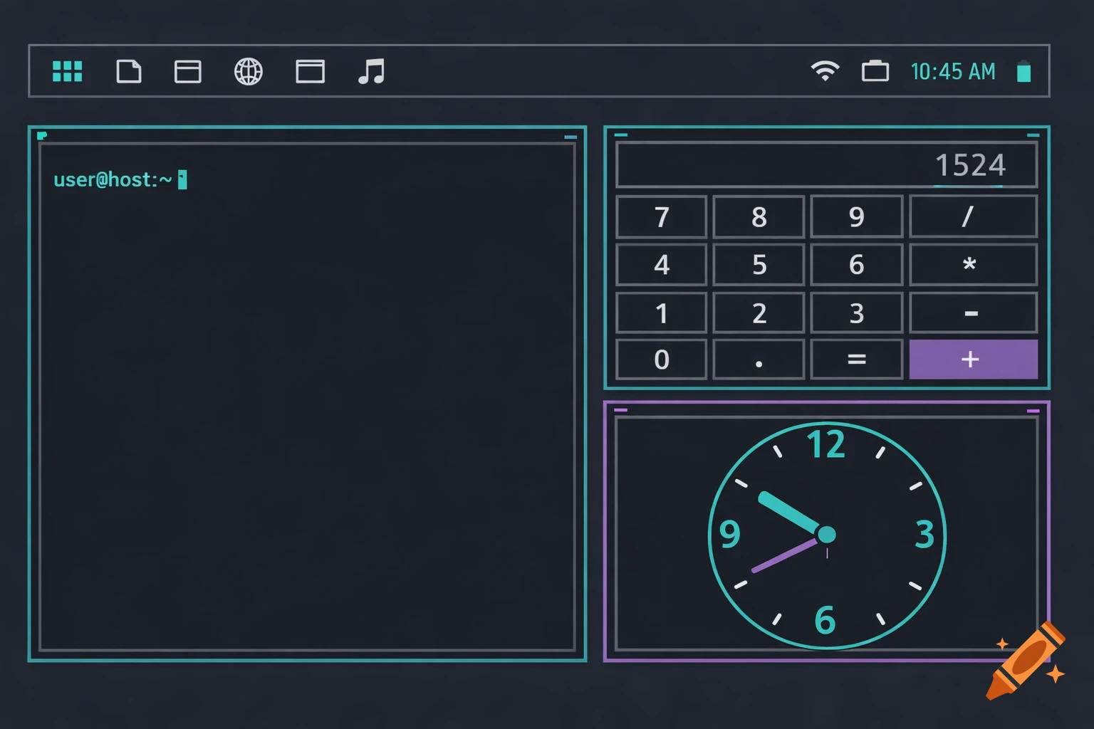 A minimalist desktop interface with dark background, showing a terminal, a calculator, and an analog clock with teal and purple accents.