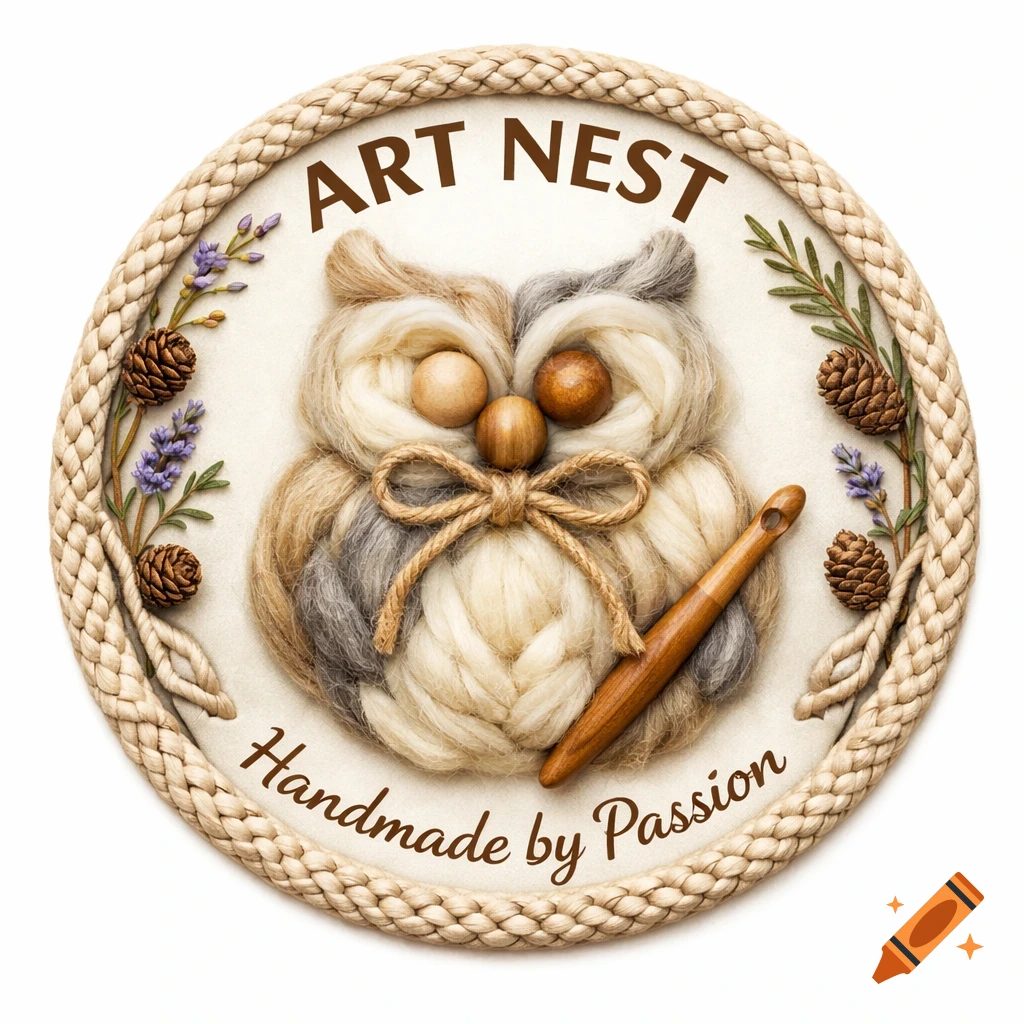Hyperrealistic round logo featuring a fiber art owl with wooden beads, a crochet hook, pinecones, and lavender, bordered by woven rope, with 'ART NEST' and 'Handmade by Passion' text.