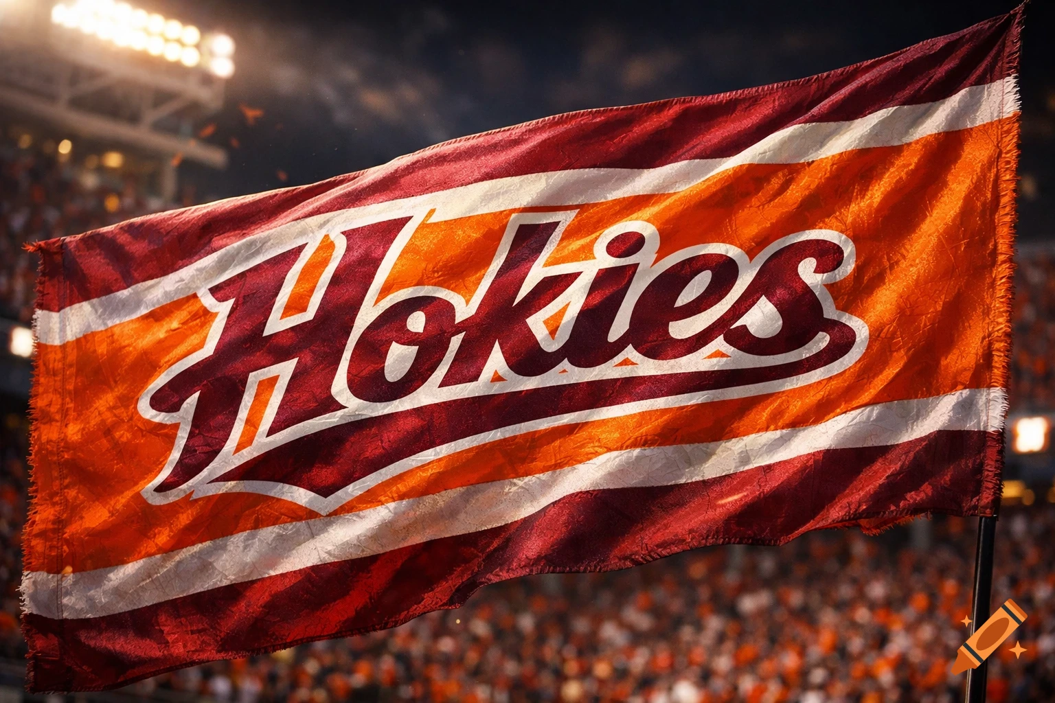 A red, orange, and white flag with "Hokies" in white text waves in a stadium under bright lights with a blurred crowd.