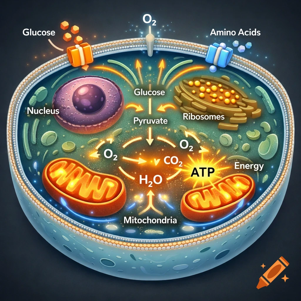 Colorful diagram of a cell illustrating energy production, showing organelles, glucose, amino acids, and chemical processes like ATP formation.