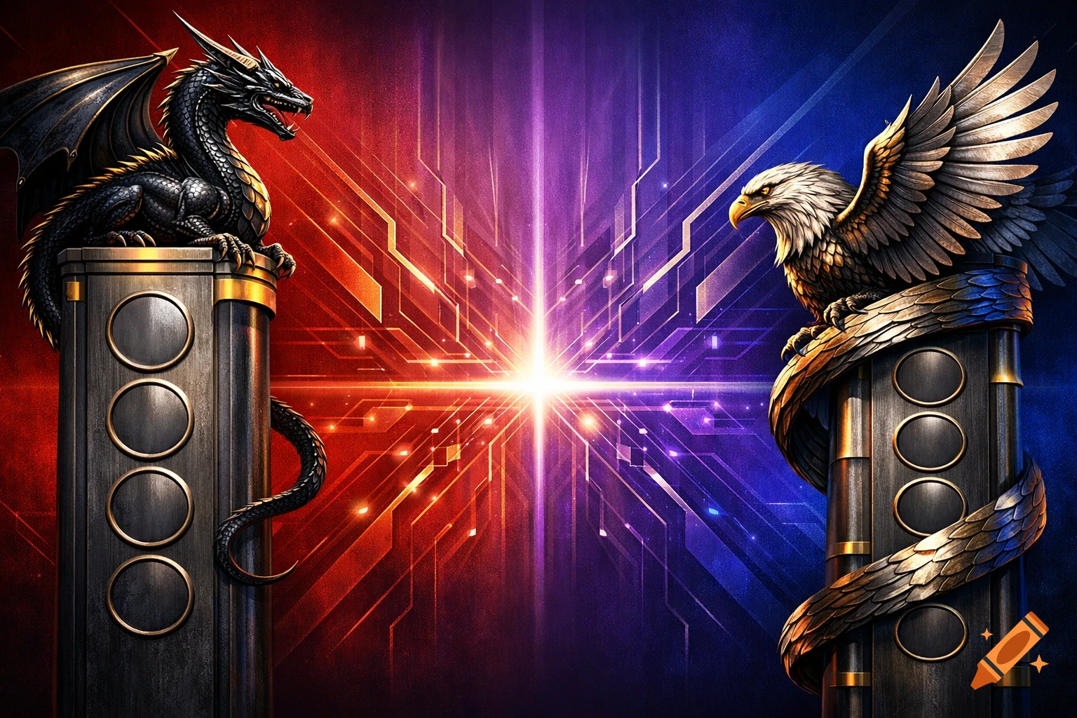 A black dragon on a left pillar and a golden eagle wrapped around a right pillar, facing each other with a glowing starburst between them, against a red and blue digital background.