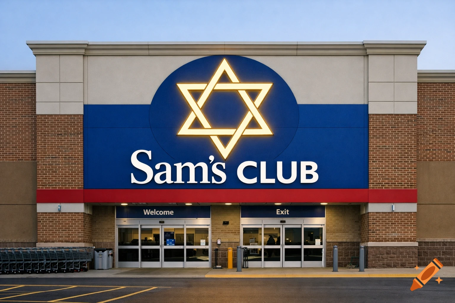 The exterior of a Sam's Club store with a glowing Star of David in place of the usual logo, above 'Sam's CLUB' text.
