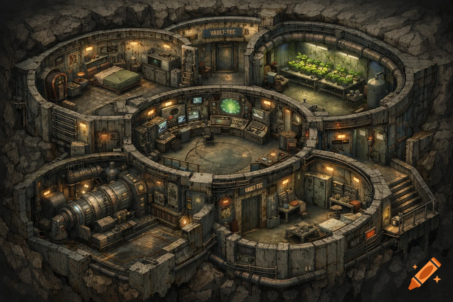 An isometric diagram shows a detailed floor plan of a multi-room, circular underground 'Vault-Tec' bunker, resembling a Fallout shelter.
