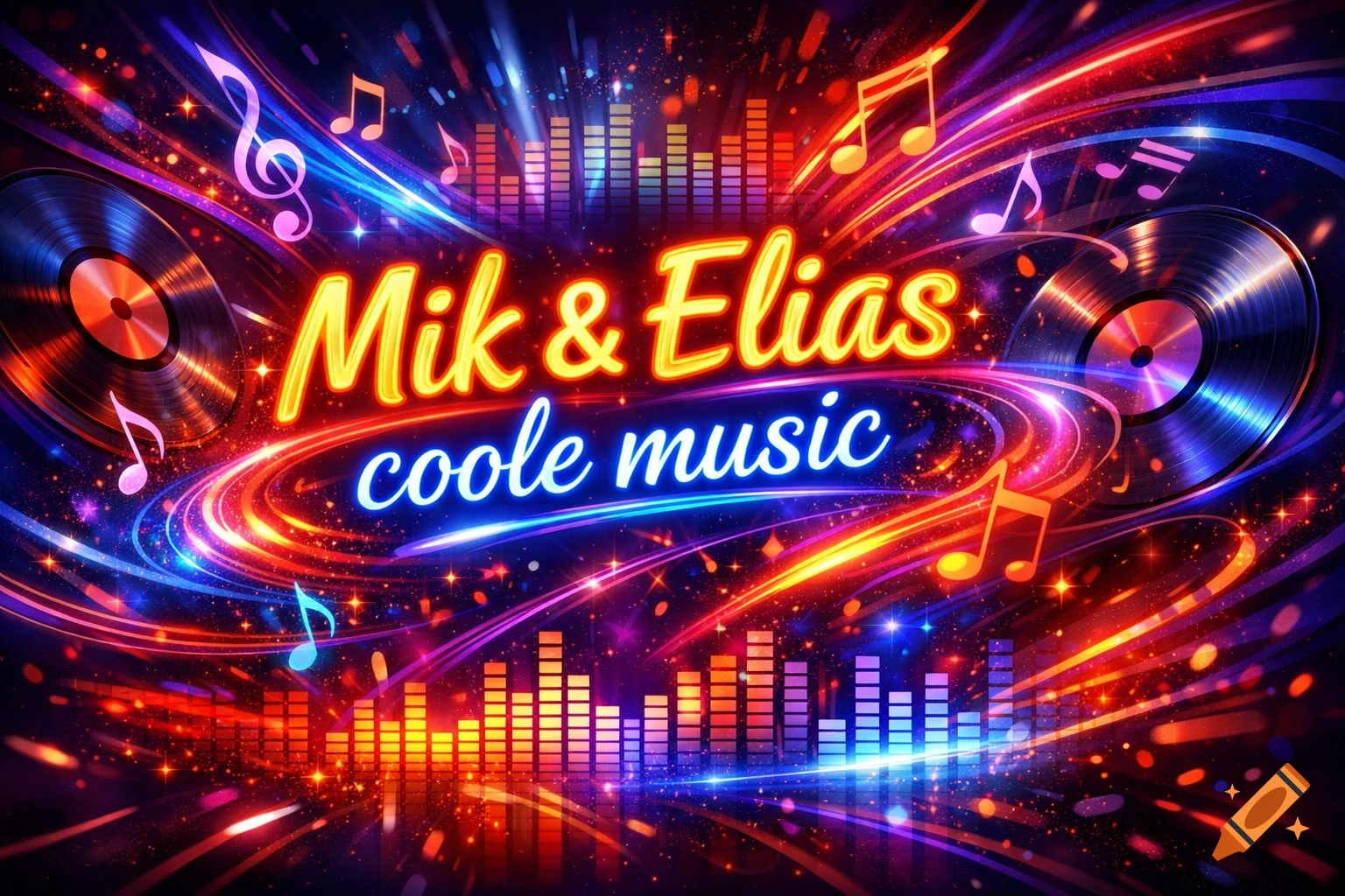 Vibrant, neon-lit abstract background with musical notes, equalizer bars, and vinyl records. Large glowing text reads "Mik & Elias coole music".