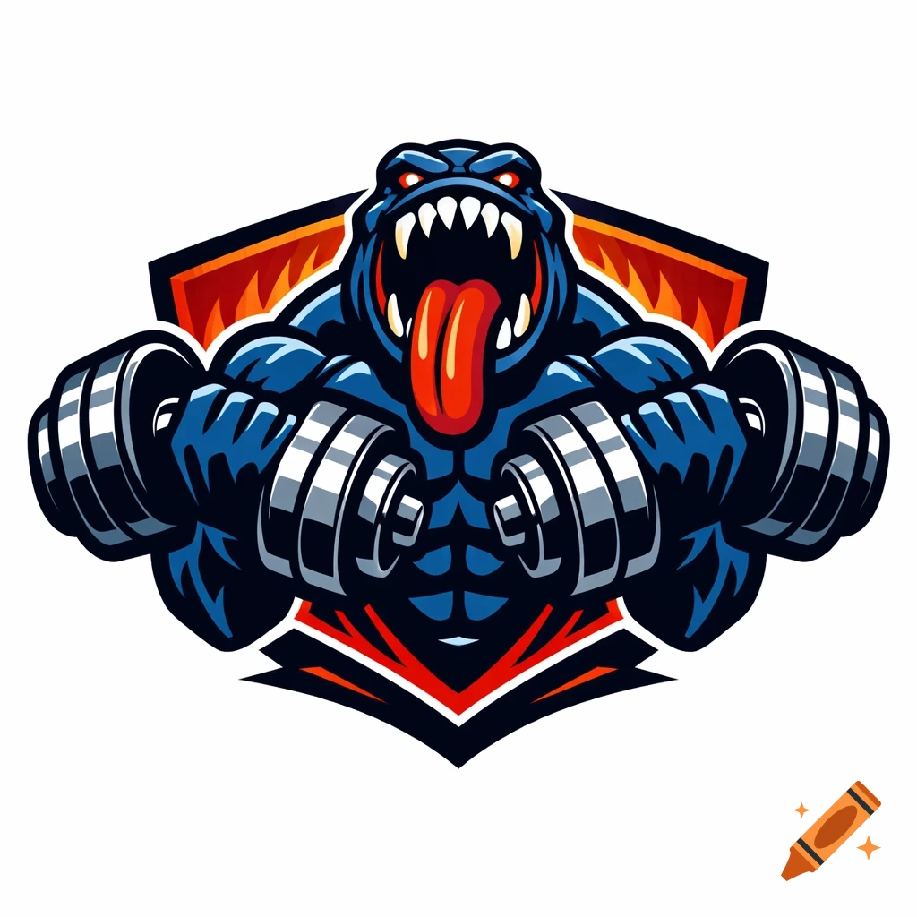 A blue muscular monster mascot with a huge open mouth and long red tongue, lifting two dumbbells against a fiery shield background.