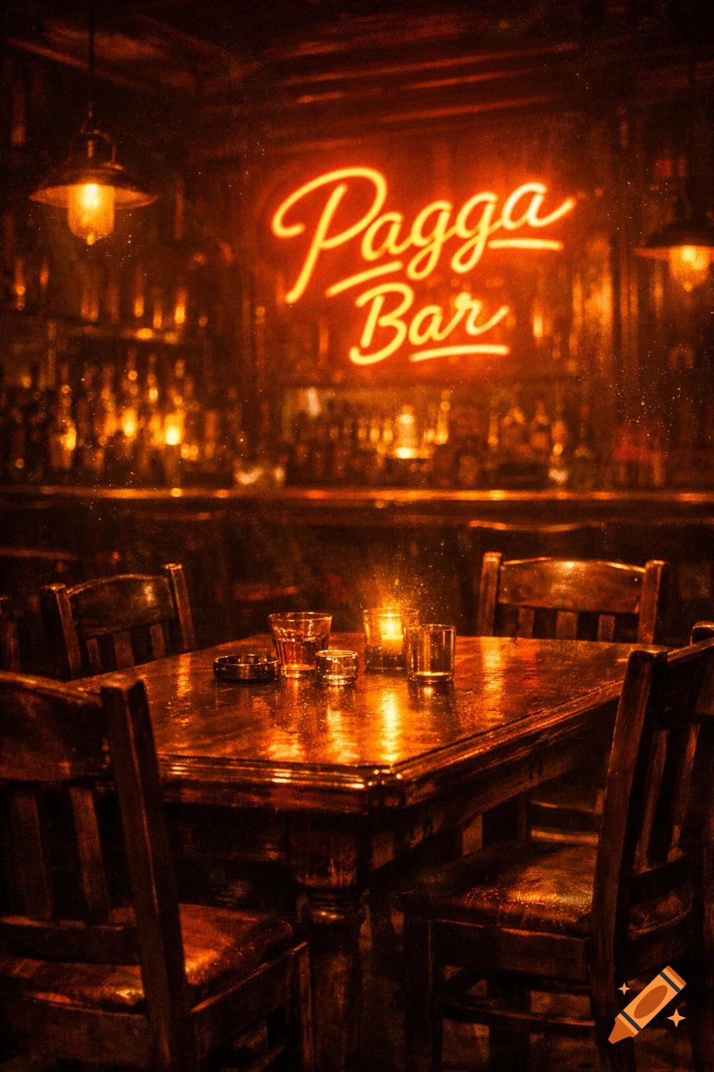 A dimly lit, warm-toned bar interior with a glowing orange neon sign that reads "Pagga Bar" above a dark wooden table and chairs.