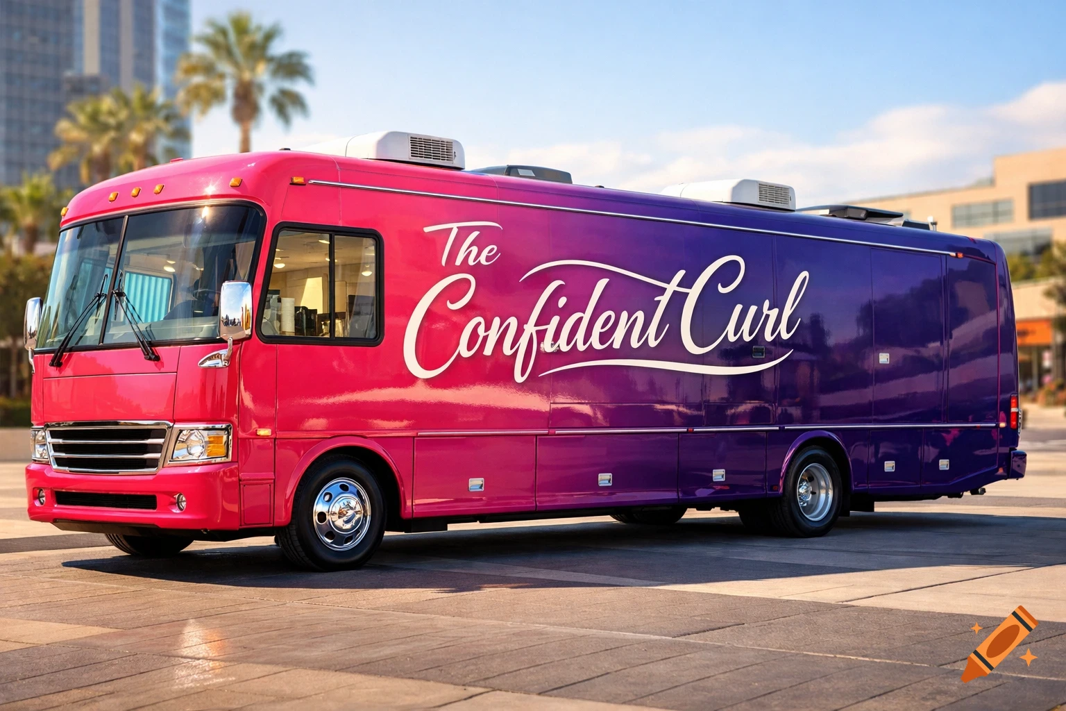 A hot pink to purple ombre RV with "The Confident Curl" written on its side, parked on a paved area with palm trees and buildings in the background.