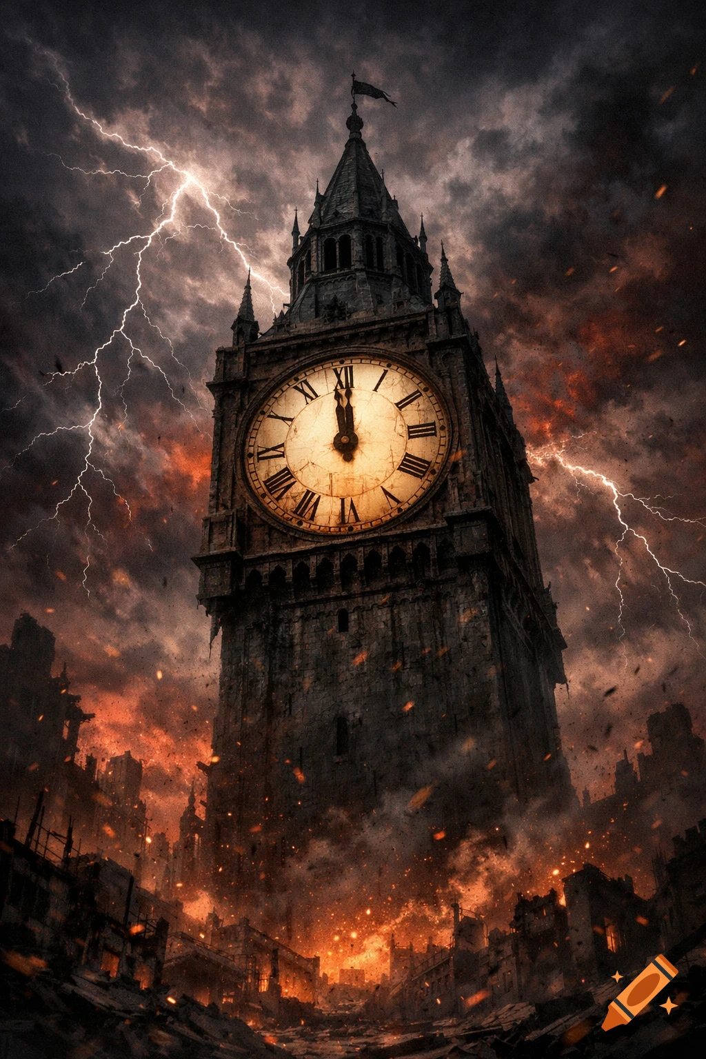 A dark, ominous clock tower in a ruined city under a stormy, lightning-filled sky, with the clock showing midnight.