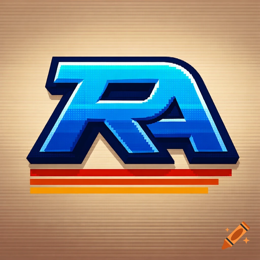 A stylized, pixelated blue "RA" logo with a dark outline, set against a light brown striped background, above red, orange, and yellow horizontal lines.