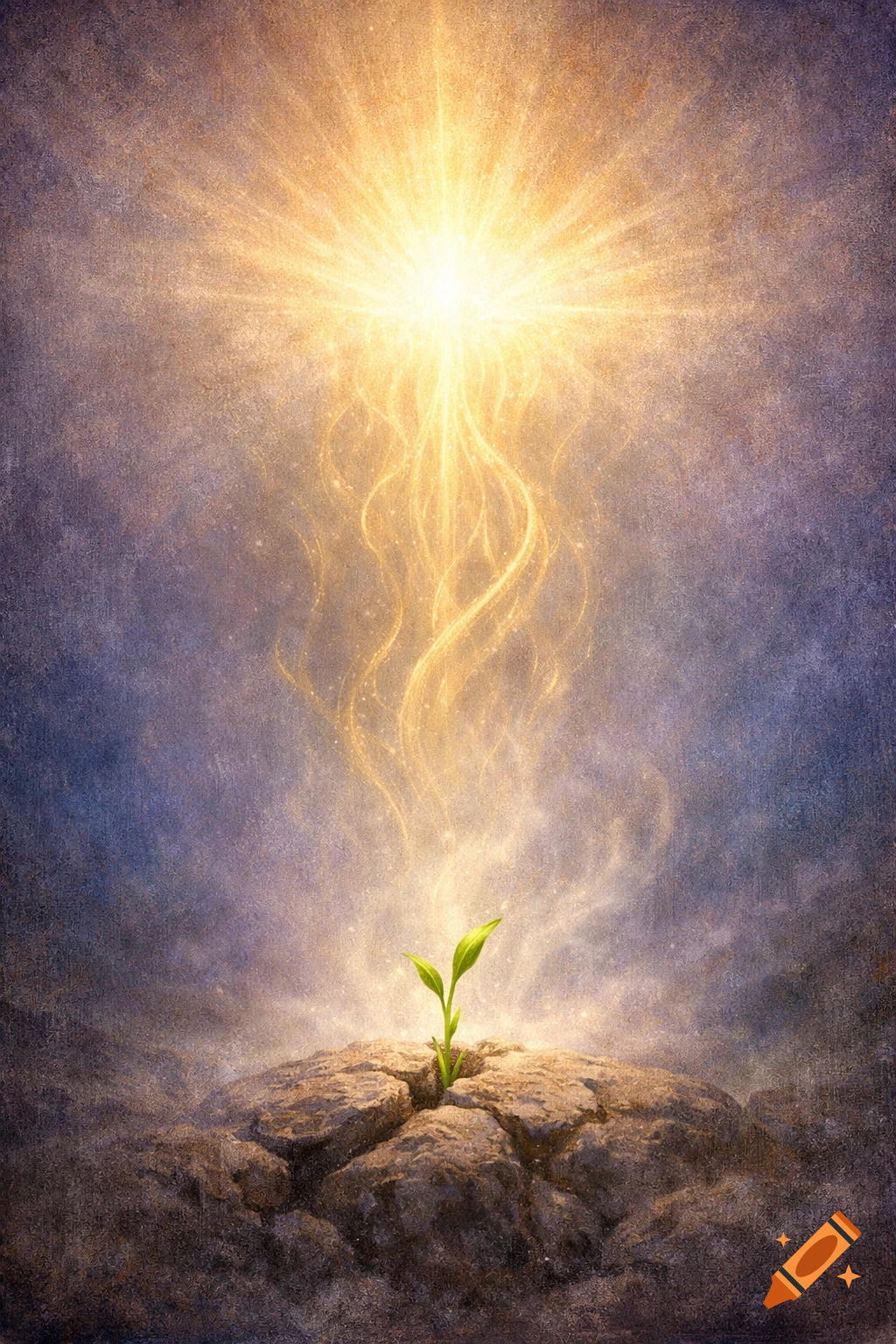 A bright golden light shines on a small green sprout growing from cracked earth, against a textured, dark background.