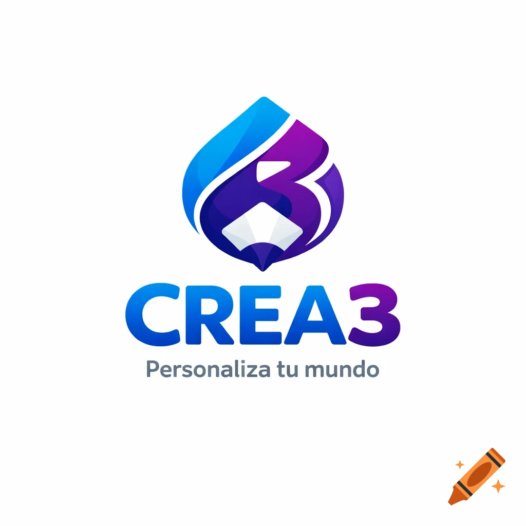 Modern blue and purple logo featuring a stylized pencil, with text 'CREA3' and 'Personaliza tu mundo' on a white background.