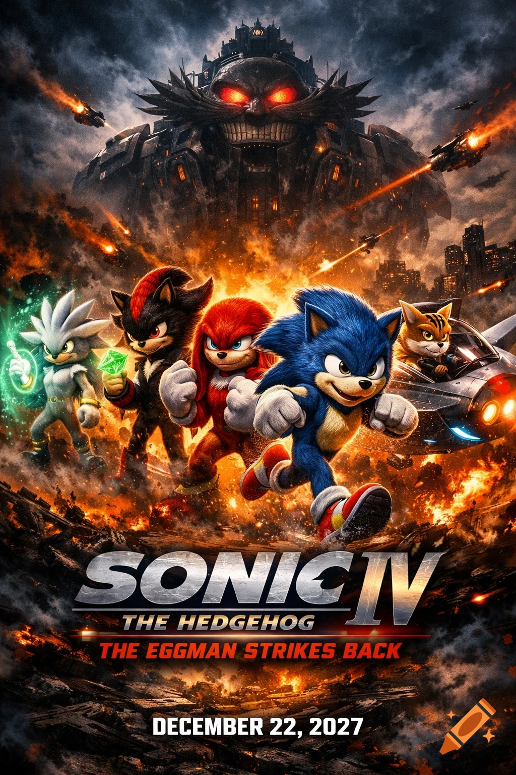 A movie poster for Sonic the Hedgehog IV: The Eggman Strikes Back, featuring Sonic and friends against a fiery, city-destroying backdrop with Doctor Eggman's fortress looming.