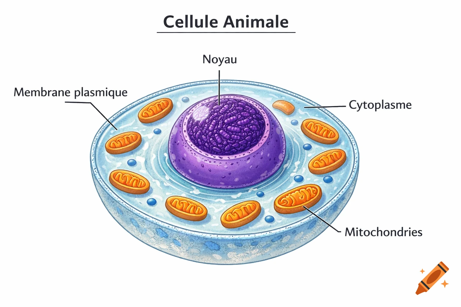 Colorful diagram of an animal cell with nucleus, plasma membrane, cytoplasm, and mitochondria, labeled in French.
