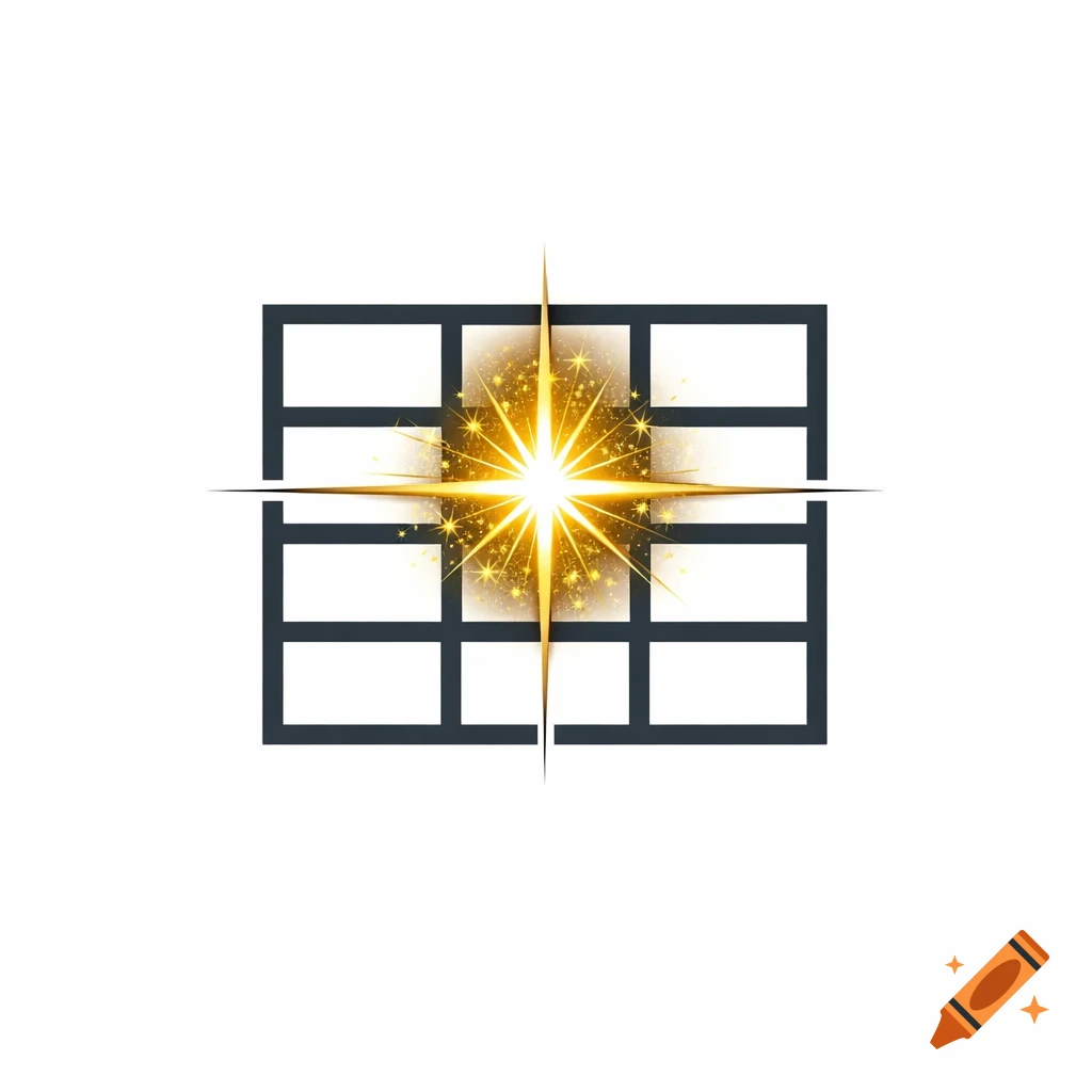 A logo featuring a dark gray grid with a bright golden sparkle and rays radiating from its center.