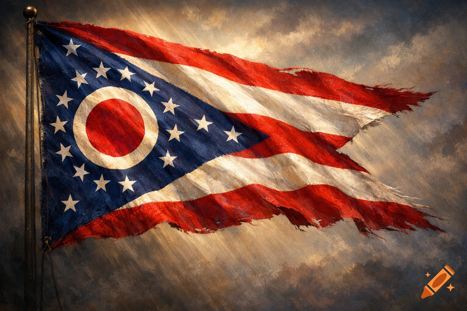 A weathered, tattered Ohio state flag with a painterly texture, waving against a dramatic, cloudy sky.
