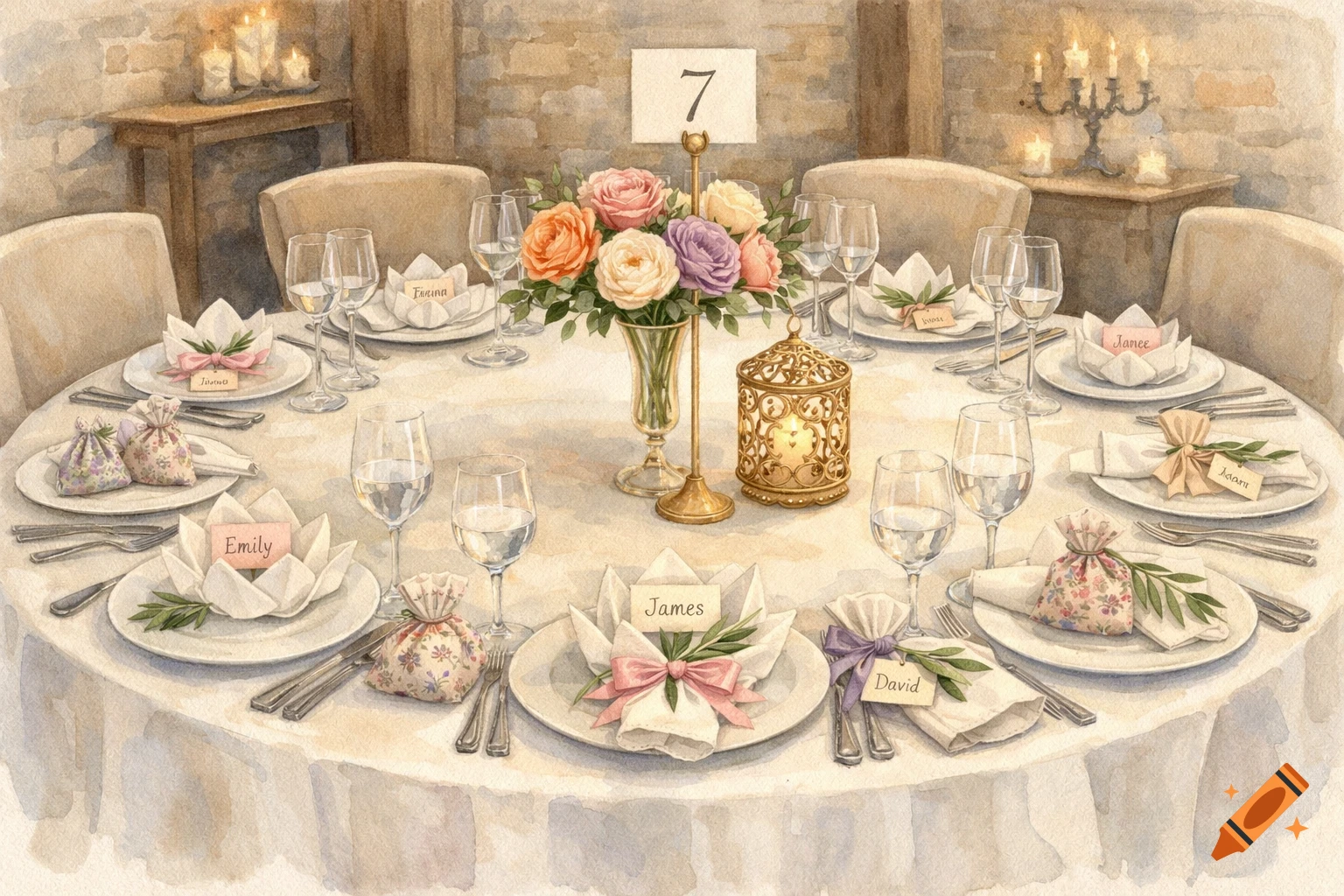 Elegant watercolor painting of a wedding or event table set for guests, featuring flowers, candles, and place cards.
